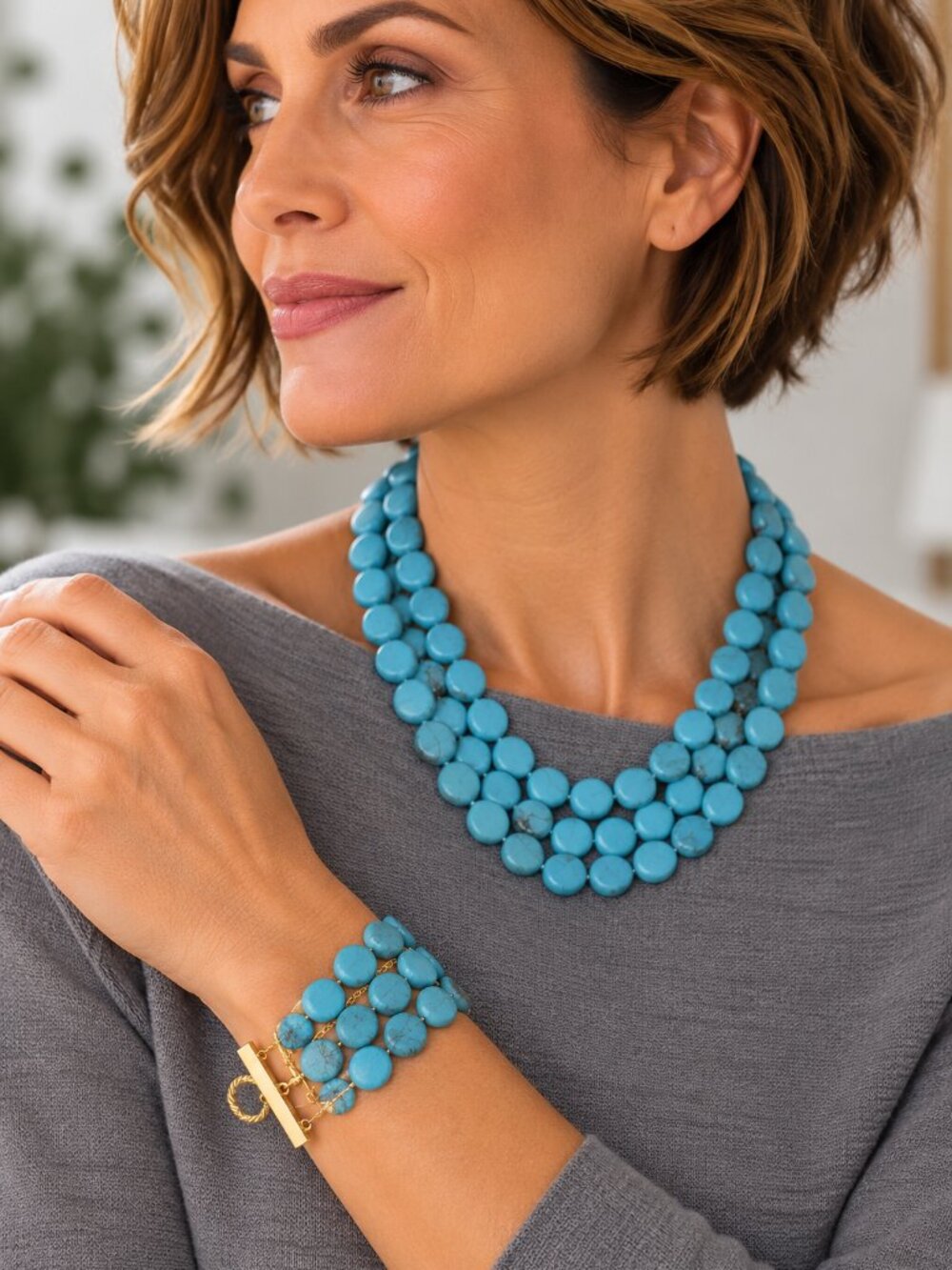 Bold! Susan Shaw Genuine Turquoise Row Bracelet – 24K Gold NWT